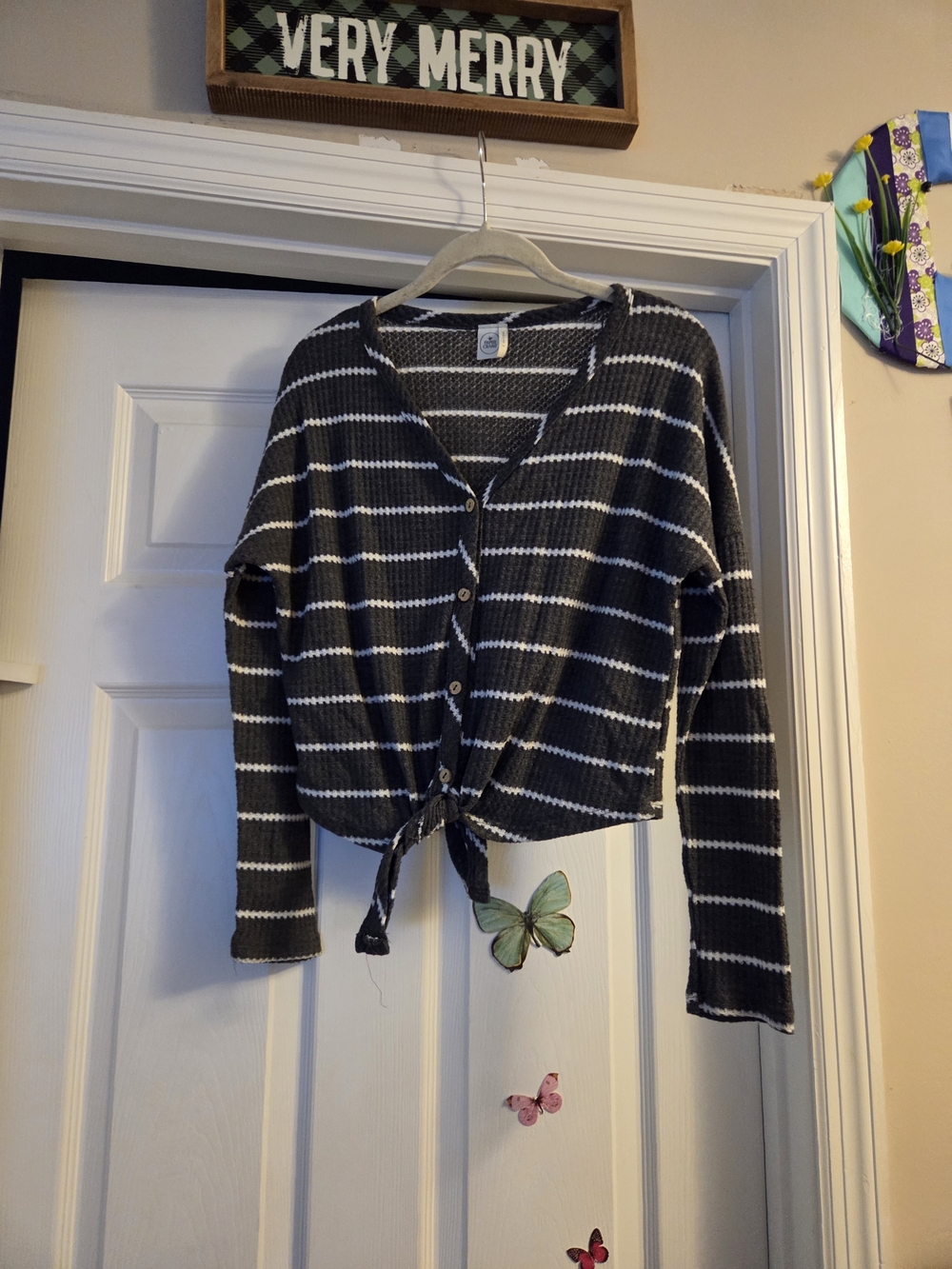Paper Crane grey and white striped cardigan with tie front detail, size S Small